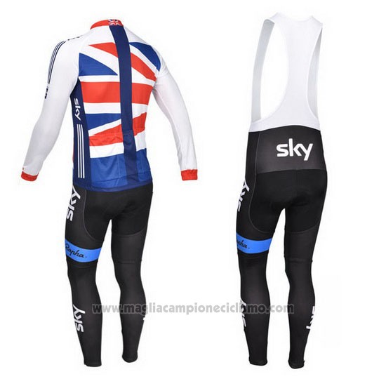2013 Abbigliamento Ciclismo Sky Campione Regno Unito Bianco e Nosso Manica Lunga e Salopette